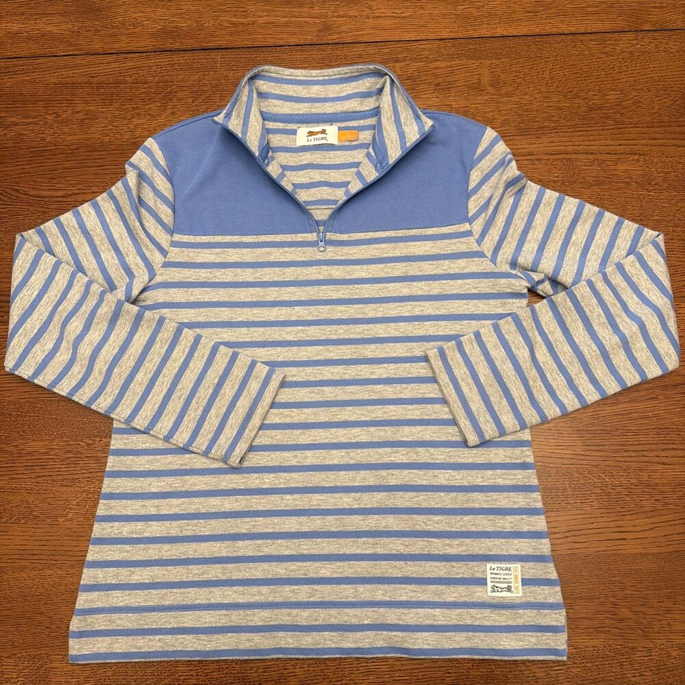 Le Tigre Women’s Small Quarter Zip 1/4 Blue Gray Striped Long Sleeve Shirt